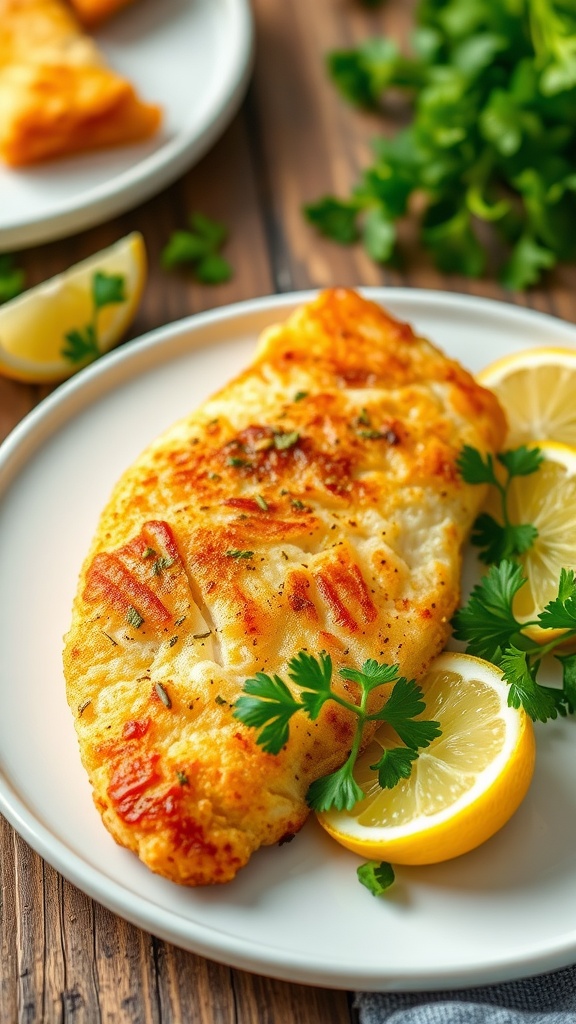Crispy air fryer fish fillet garnished with parsley and lemon on a rustic table.